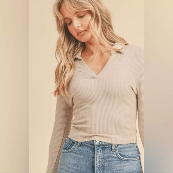 Altar’d State Ribbed Knit Collared Cropped Top Mushroom Brown Size Small - Picture 2 of 8